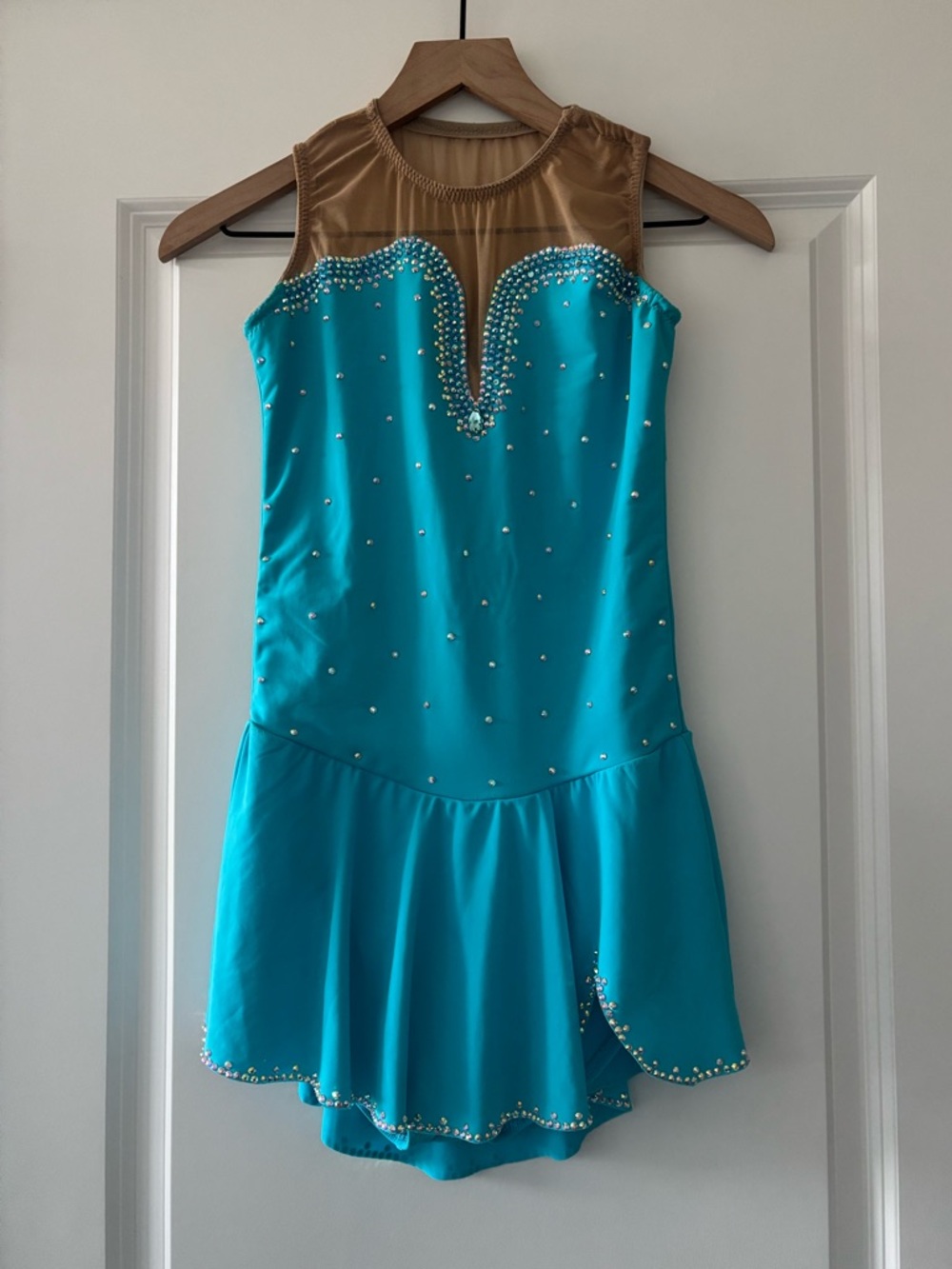 Adult Teal Sleeveless Figure Skating Dress with Nude Mesh